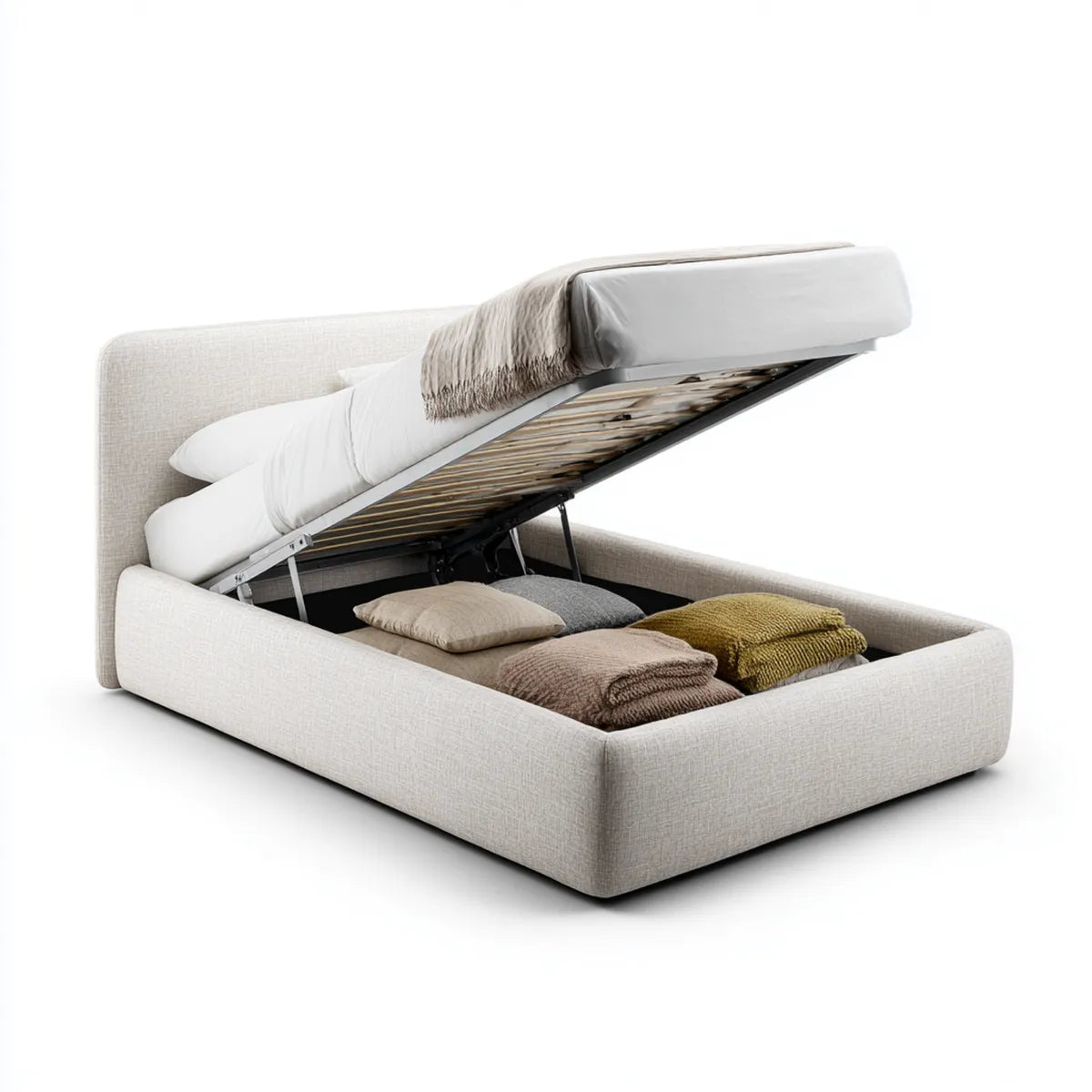 Łóżko magazynowe Beige 160 x 200 cm z tapicerką poliestrową stalowy mechanizm podnoszenia i prostokątne łóżko pudełko