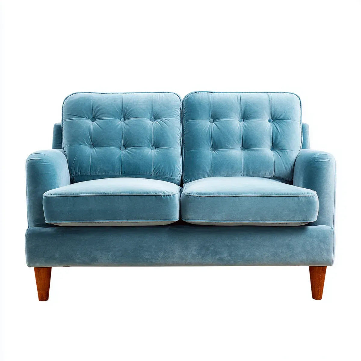 Sofa, Niebieska sofa w poliestrowym aksamicie z kapitalinacją 140 x 82 x 88 cm