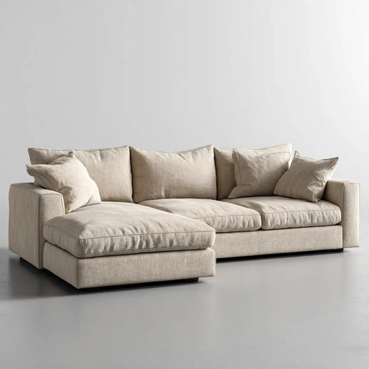 Sofa, 3 fotela z lewym beżowym poliestrem z szezlongiem 285 x 165 x 85 cm