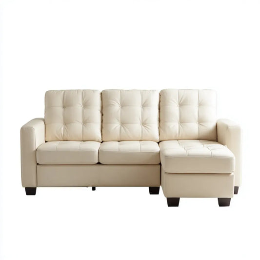 Sofa, 3-osobowa rozkładana kanapa z beżowym szezlongiem ze skóry syntetycznej PU 250 x 160 x 90 cm
