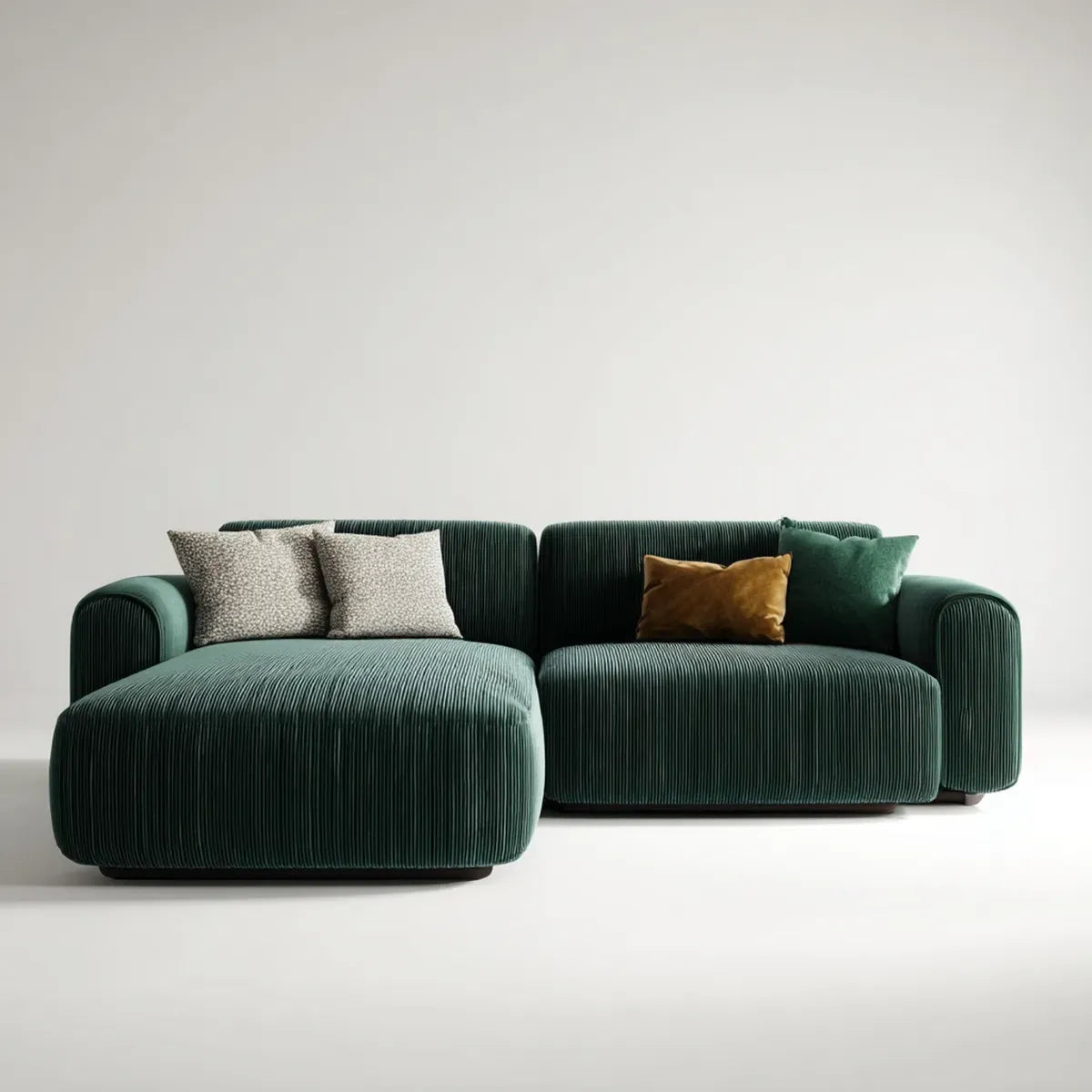 Sofa, Lewy narożnik sofa 3 ciemnozielone siedzenia w poliestrowym żebrowanym aksamicie 280 x 165 x 78 cm