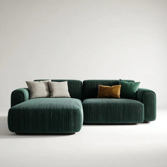 Sofa, Lewy narożnik sofa 3 ciemnozielone siedzenia w poliestrowym żebrowanym aksamicie 280 x 165 x 78 cm