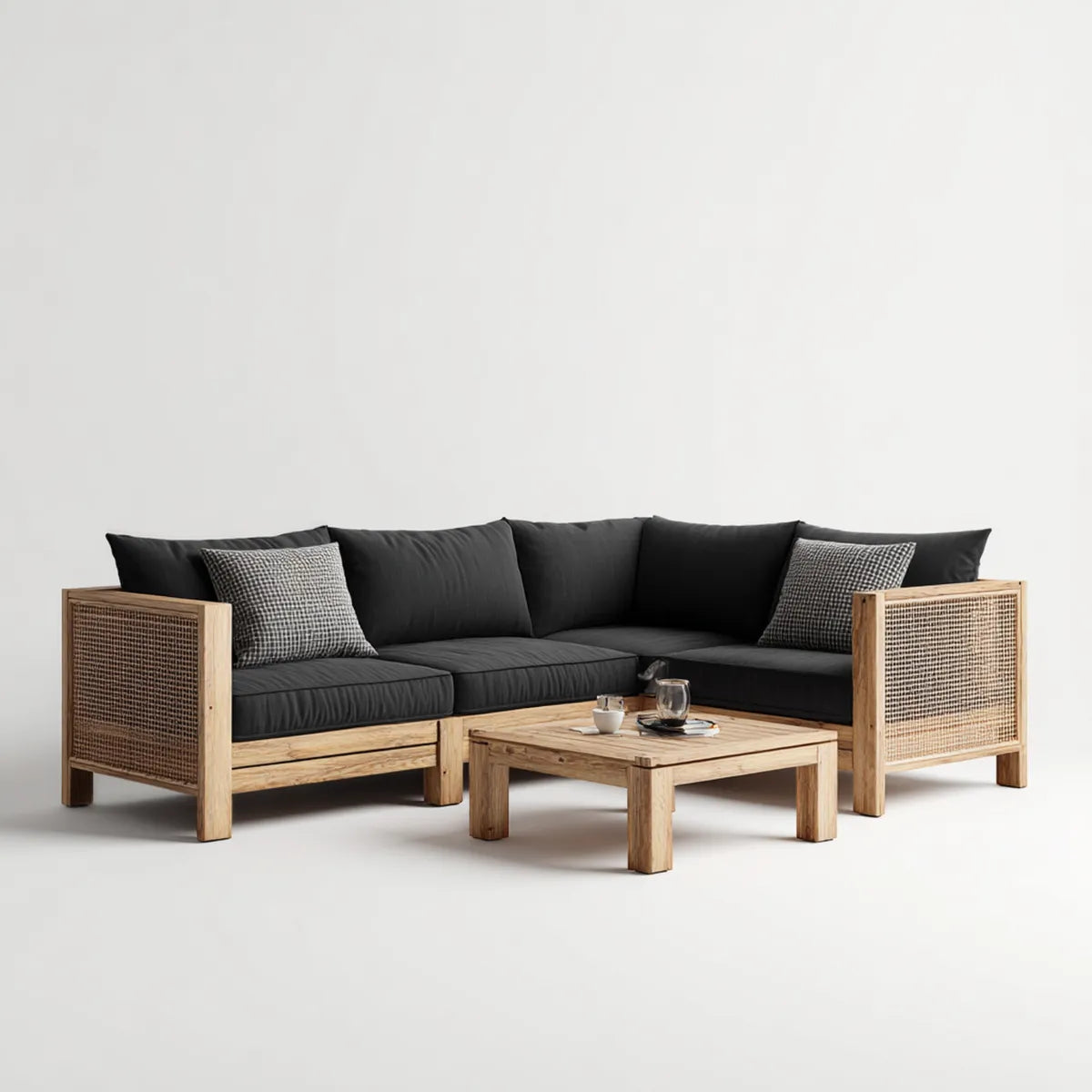 Sofa ogrodowa, Taras salon narożnik kanapa zestaw naturalna czarny z drewna acacia rattan 220 x 220 cm