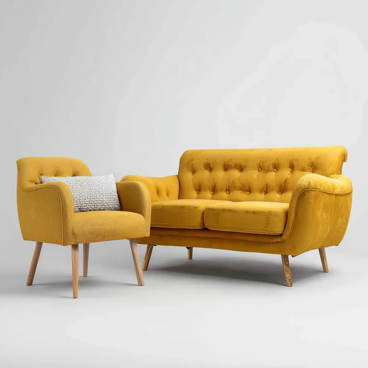 Sofa, 2 fotela i żółty fotel musztardowy w wyściełanym aksamicie poliestrowym z litymi nogami z drewna 185 x 82 x 86 cm