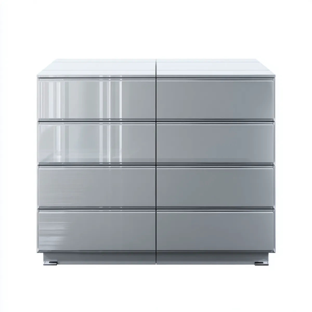 Komoda, Komode 8 srebrnych szuflady w panelach MDF i lustro w prostokątnym szkle 120 x 45 x 100 cm