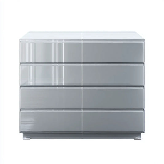 Komoda, Komode 8 srebrnych szuflady w panelach MDF i lustro w prostokątnym szkle 120 x 45 x 100 cm